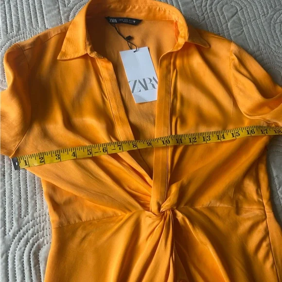NWT Zara Orange twist satin shirt dress. Size Small. Long sleeves, deep v neck. - Picture 12 of 16